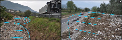 Figure 6. Urban elements conditioning the flow; (a) the fan lobes stopped by the road embankment; (b) fan lobes that invaded the national expressway.