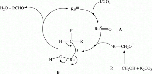 Figure 6.  Proposed mechanism for the SiO2-RuCl3 catalyzed selective oxidation of benzylic alcohols to the corresponding aldehydes using molecular oxygen.