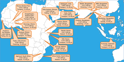 Fig. 1 Map showing overall age-sex-time standardised mortality rates per 1,000 person-years due to external causes, also listing the specific cause category and age group accounting for the largest proportion of deaths due to external causes at each site, for 20 INDEPTH sites.