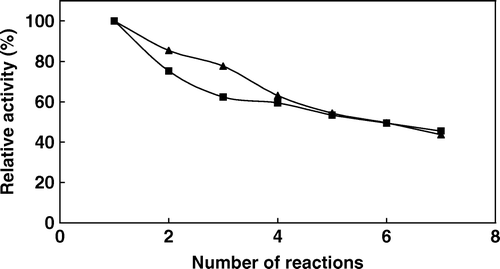 Figure 5.  Repeated use of immobilized phytase at 37°C (▴) and 60°C (▪) (activities were assayed at 37°C by using 2 mM sodium phytate prepared in 0.1 M acetate buffer at pH 5.0).