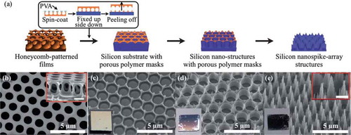 Figure 10. Schematic and SEM images of pattern transfer of a pillar film onto Si substrates by dry etching. Reproduced with permission from [Citation90] (Copyright 2011, Royal Society of Chemistry).