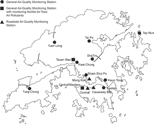 Figure 1. Location of air-quality monitoring stations in Hong Kong (HKEPD, Citation2009).
