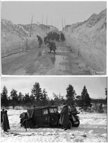 Figure 5. Top: Original caption: ‘Germans repair a maintenance road’ (Photograph: Heikki Roivainen/SA-Kuva 82313/Petsamo, Litsavuono 17.4.1942); Bottom: Mercedes-Benz 320 of the Second Gebirgsjäger Division (division insignia painted on the door) somewhere in the Lapland wilderness; Note the skis and ski poles attached to the bonnet and snow chains on the rear wheels, and the sticks set up along the roadsides as markers in the snow (Photograph: Max Peronius 1940–1944).