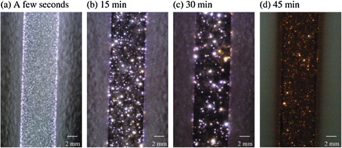 Figure 25. Side-view photos [Citation205] of aluminium alloy samples at a different time during PEO processing (R = 0.89). The integration time was between 8 and 10 ms for photos (a–c), but 2000 ms for photo (d).