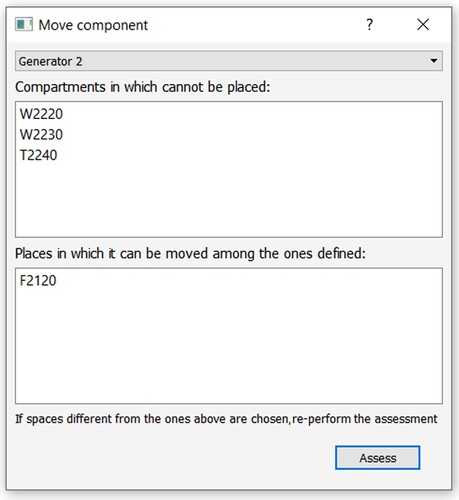 Figure 3. Interface ‘Move component’ functionality for casualties within the threshold. In the figure are reported the label strings (see Section 4.2) identifying the spaces on board in which the component ‘Generator 2’ can and cannot be moved as an example of the output of the functionality.