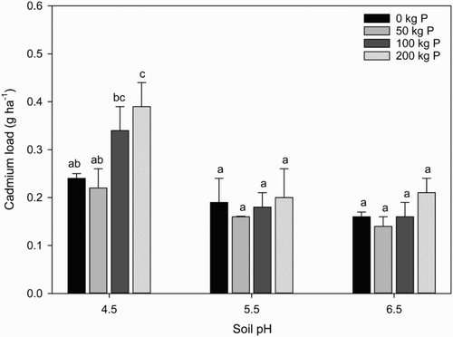 Figure 1. Effect of soil pH and rate of P application on mean Cd leaching loads (g ha−1). Mean (n = 4) and standard error followed by the same letter are not significantly different (P < 0.05).