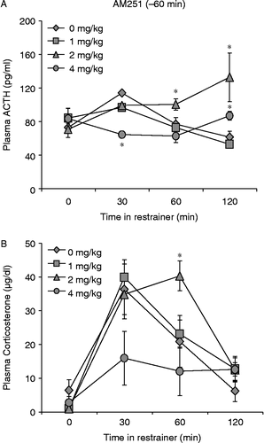 Figure 3.  AM251 injected 1 h before the onset of restraint stress alters hormonal responses. Four mg/kg AM251 injected 1 h before restraint initially caused a blunted ACTH response to restraint at 30 min. After 120 min rats that received 4 mg/kg AM251 had increased levels of plasma ACTH, significantly higher than vehicle treated controls (A). Two mg/kg AM251 augmented stress-induced ACTH release at 60 and 120 min after the initiation of restraint (A), and produced significantly higher corticosterone levels compared to vehicle treated controls 60 min following the onset of restraint (B). Values are group mean + SEM; n = 5 per group. *p < 0.05 vs. other groups.