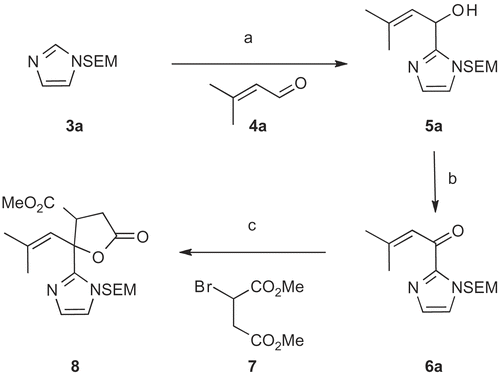 Scheme 2.  Convergent synthesis pathway. a) nBuLi, THF, −78°C, 50 min then addition of 4a, −78°C, 20 min to RT 1h (68%); b) MnO2, THF, 0°C, 2h (100%); c) 7, THF, Zn, ultrasounds, 40°C, 4h30 (63%).