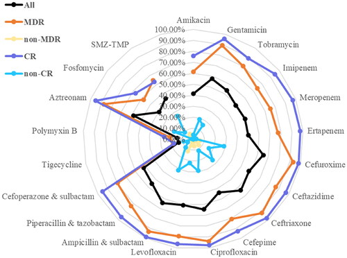 Figure 2. Radar plot of antimicrobial resistance rates of 379 K. pneumoniae isolates by antimicrobial resistant phenotypes. MDR, multidrug resistant; non-MDR, non-multidrug resistant; CR, carbapenem resistant; non-CR, non-carbapenem resistant.