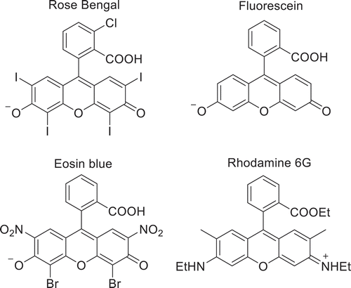 Scheme 2. Common xanthene dye derivatives including rose Bengal (top left), fluorescein (top right), eosin blue (bottom left), and rhodamine 6 G (bottom right). Counterions not pictured