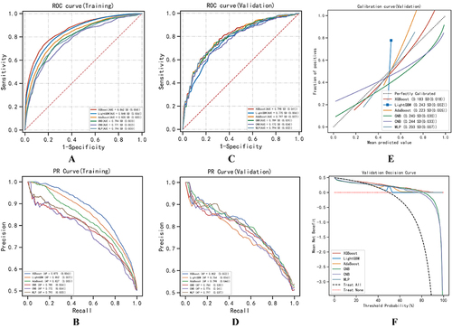 Figure 3 Performance measurements of different ML models: the ROC and PR curve of train sets were supplied on (A) and (B); the ROC and PR curve of validation sets were supplied on (C) and (D); the calibration and DCA plots of validation sets were supplied on (E) and (F).