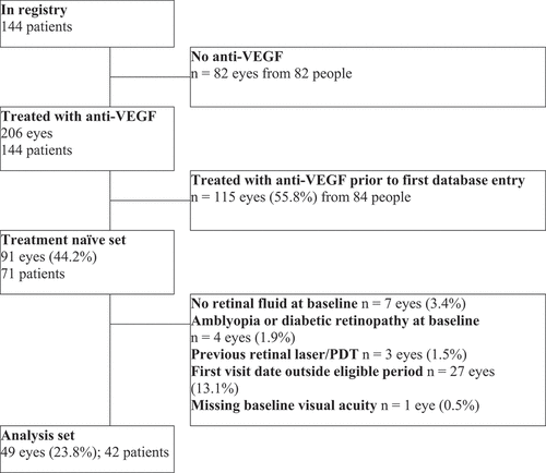 Figure 1. Flow chart of study participants. IVI = intravitreal injection, PDT = photodynamic therapy, VEGF = vascular endothelial growth factor.