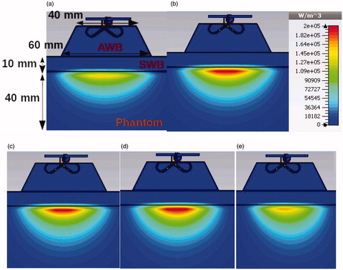 Figure 17. Simulated power loss density distribution in muscle phantom for various frequencies. (a) 430 MHz, (b) 500 MHz, (c) 600 MHz, (d) 700 MHz and (e) 900 MHz.