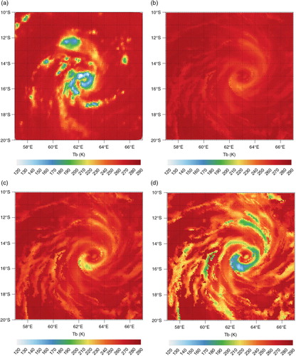 Fig. 7 (a) Observed SAPHIR T b (H6) for cyclone Giovanna (10 February 2012 at 0600 UTC), and simulated T b with ALADIN-Réunion 6-h forecast and RTTOV-SCATT assuming various snow radiative properties: (b) Mie spheres and exponential PSD, (c) ‘Sector snowflake’ and Field et al. (2007) PSD, (d) ‘Block hexagonal column’ and Field et al. (2007) PSD.