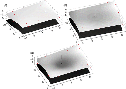 Figure 11. Shape of the skin volume outer surface at rest (a) when 300 mN (b) and 1000 mN (c) is applied in the direction pointed by the arrow. Red dots are the control points of the volume spline model.