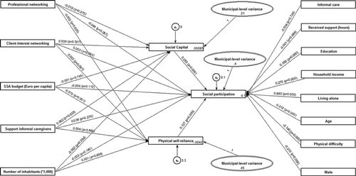 Figure 1 Full multilevel structural equation model of managerial networking and client-level social participation.