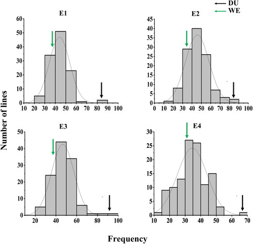 Figure 1. Phenotypic distribution of kernel number per spike (KNPS) in four environments. Different environments (E1–E4): 2017-18 (E1) and 2018-19 (E2), 2019-20 (E3), 2020-21 (E4).