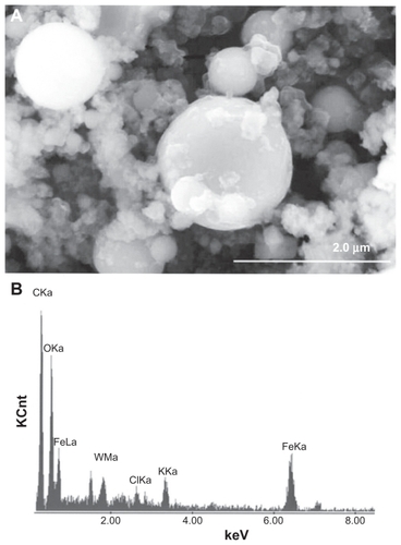 Figure 3 Field-emission scanning electron microscope view of collected ballistic (impact) debris (A), and the corresponding energy-dispersive spectrum (B): W–Ni–Fe.