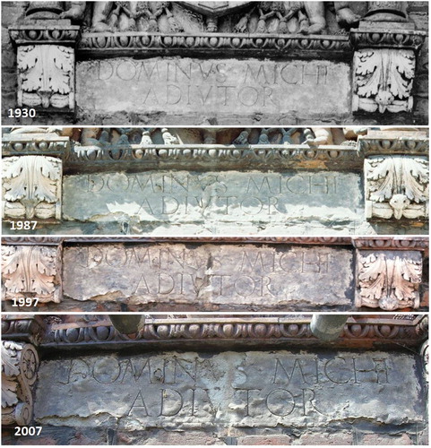 Figure 1. Cardinal Wolsey Plaque at HCP showing acceleration of decay rate on wax-treated Reigate stone surface.