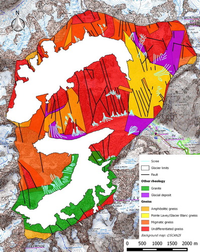 Figure 5. Geological map of the study site with superimposed scree areas. Geological variations (mainly gneiss except for Glacier Noir Sud with granite) in the study area cannot explain the origin of the scree areas. Slope orientation is the main factor in the scree production. Adapted from Bureau de Recherche Géologiques et Minières (BRGM) maps 0822N and 0823N.