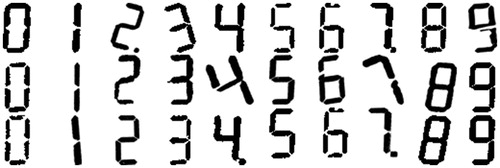 Figure 4. Example real digits extracted from the medical devices dataset and saved as a 52 × 52 pixel binary image.