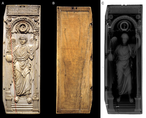 Figure 1. (A) Front of the ivory panel. The approximate location of the break is shown by a red dashed line. (B) Back of the ivory panel. (C) X-ray of the ivory panel showing the metal pins in white. (Copyright: Trustees of the British Museum.)