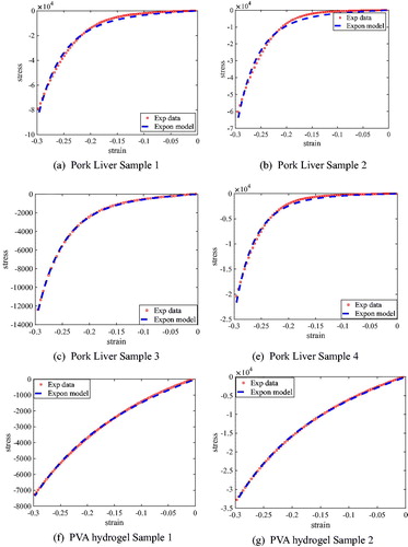 Figure 9. Comparison of exponential material model and experimental data of pork livers and PVA hydrogel.