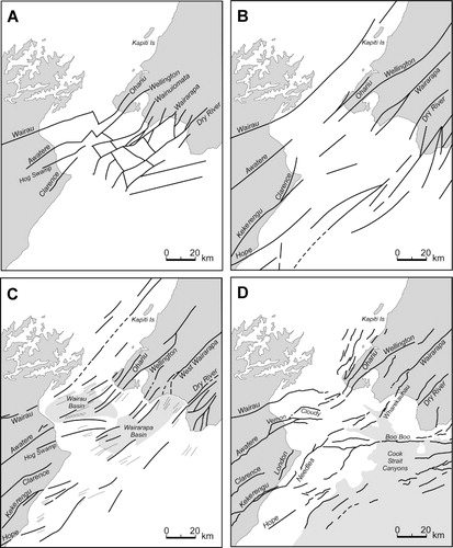 Figure 3 Seismic-based interpretations of fault connections across Cook Strait. A, Ghani (Citation1974); B, Katz & Wood (Citation1980); C, Carter et al. (Citation1988); D, Pondard & Barnes (Citation2010).