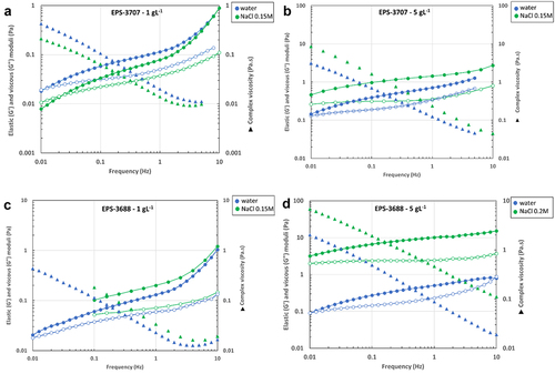 Figure 4. Effect of salinity on oscillation measurements. Left axis: elastic and viscous moduli, right axis: complex viscosity versus frequency of a) EPS-3707 1 g L−1 in water and NaCl 0.15 mol L−1; b) EPS-3707 5 g L−1 in water and NaCl 0.15 mol L−1; c) of EPS-3688 1 g L−1 in water and NaCl 0.15 mol L−1; d) of EPS-3688 5 g L−1 in water and NaCl 0.2 mol L−1; G’ (fill circle); G’’ (blank circle); complex viscosity (fill triangle).