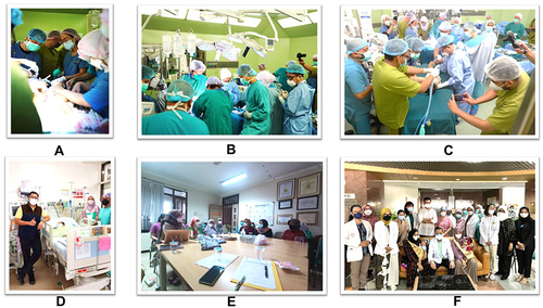 Figure 3 Conjoined Twins Separation. (A) Anesthesia induction. (B) Surgery, note that the surgical team leader (doctor with glasses) continuously supervises different surgical departments. (C) Twins separated, note that team pink and team blue (marked by colored hair caps) were focused only on one twin each. (D) Pediatric critical care. (E) Discharge meeting with parents, rehabilitation specialist, pediatrics, and social worker. (F) Discharge.
