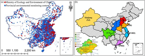 Figure 1. (a) Spatial distributions of PM2.5 monitoring sites in Chinese mainland from the Ministry of Ecology and Environment of China (MEE, average 1296 sites during 2014–2022) and provincial environmental monitoring centers (average 3110 sites during 2019–2021). (b) Spatial locations of the seven representative study areas (JJJ-JingJinJi, YRD-Yangtze River Delta, PRD-Pearl River Delta, CS-Chongqing and Sichuan, SH-Shandong and Henan, SS-Shaanxi and Shanxi and XJ-Xinjiang), the scope of the UCS (Urumqi-Changji-Shihezi) city clusters and the Taklamakan Desert in XJ Province, and land cover in XJ.Note: The number of MEE sites is 802 in 2013.