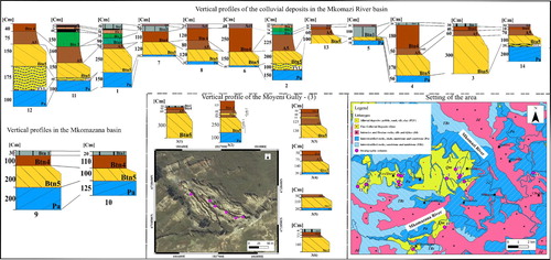 Figure 7. Spatial correlation of colluvial deposits. Stratigraphic columns in the Mkhomazi and Mkhomazana River basins: Pa: Adelaide Subgroup. FVL: fluvial deposits. Btn5, Btn4, Btn3, Btn2, Btn1: Bt horizon of Solonez soils. A5, A3, A2: A horizon of Solonez soils. Act: Actual soil, Solonetz.