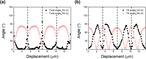 Figure 4. Calculated angles of HA and VA grating cells at 15 V. (a) Twist and (b) tilt angles (vertical dotted lines represent the position of the virtual wall).