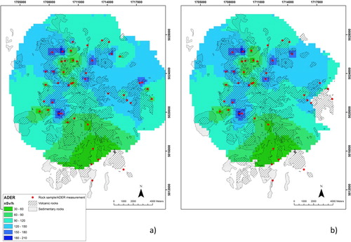 Figure 6. Maps of ambient dose equivalent rate in nSv/h using the entire database (a) and the database excluding outliers (b) superimposed over the simplified geological sketch. Coordinate system: International_1924_Transverse_Mercator.