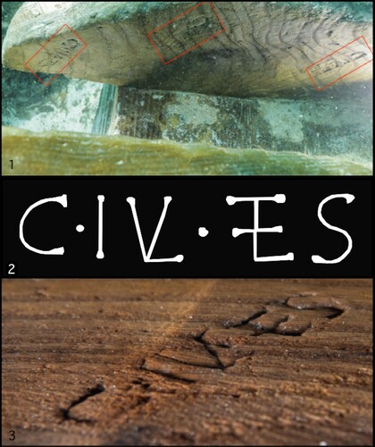 Figure 4. From top to bottom: 1. Frame where the stamp was located in the wreck of Ses Llumetes, 2. Interpretative transcription of the stamp, 3. Detail of the stamp (Sandrine Agusta-Boularot (2); Javier Rodriguez (1, 3)).