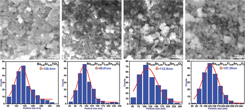 Figure 6: SEM images of ceramic samples and dimensional distribution diagrams of ceramic grains.