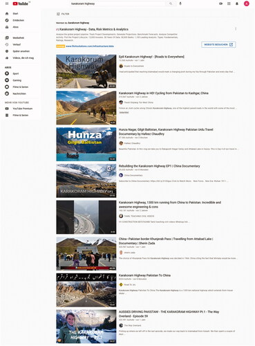 Figure 7 Search results for “Karakoram Highway” on YouTube, featuring scenic pictures and catchy titles of informal documentary or travel videos. (Shot taken by the author, 2021)