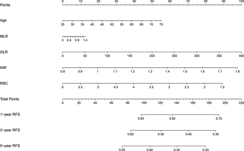 Figure 3 Nomogram, including Age, MLR, GLR, RBC, and INR for 1-, 3-, and 5- years recurrence free survival (RFS) in HCC patients with high HBsAg levels in AFP. The nomogram is valued to obtain the probability of 1-, 3-, and 5- years recurrence by adding up the points identified on the points scale for each variable.