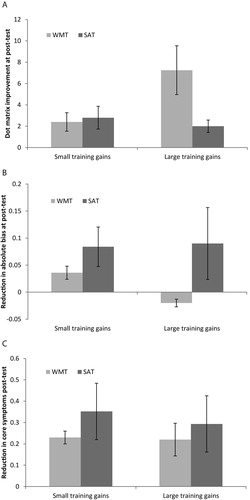 Figure 5. Mean (±S.E.) changes in performance for patients who made small and large training gains (based on a median split) as a function of training type. A. Dot Matrix task. B. Absolute spatial bias. C. EBIQ core symptoms.