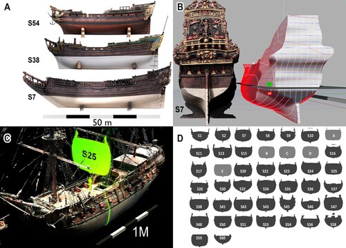 Figure 7. A: Typological changes such as a reduction in sheer and the shortening of beakheads (galjoen) over two centuries can be quantified in these orthographic renders of contemporary Dutch East Indiaman models (scaled to full size). B: A hydrostatic analysis of the Prins Willim model undertaken in Rhino with the ORCA plugin, using a NURBS surface manually moulded for best fit with the photogrammetry scan. C: Digital extraction of sections and ship lines. D: A comparison of midships stations for all scanned scale models. (Author).