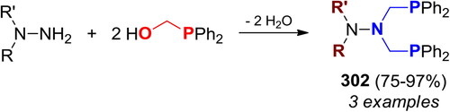 Scheme 175. Reactions of mono- and di-substituted hydrazines with Ph2PCH2OH. Products, yields, and related references, are listed in Table S49.