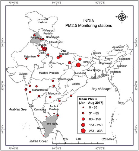 Figure 1. Measured PM2.5 concentrations (μg/m3) across 33 ground monitoring stations for the study area during January 2017 – August 2017. Tamil Nadu and Punjab states shaded in gray color are chosen for the study on Gap filling where AOD values are missing (Section 4.2 and 5.2).