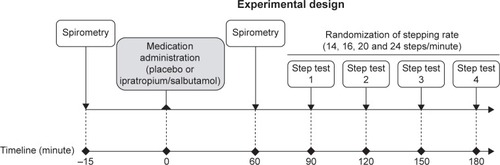 Figure 1 Study design for V2 and V3 during which one of the study medications (ipratropium bromide [500 µg]/salbutamol [2.5 mg] [Combivent®] or placebo) was administered.