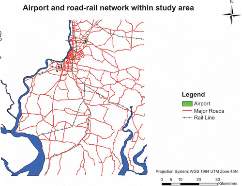 Figure 6. Airport and road-rail network within study area.