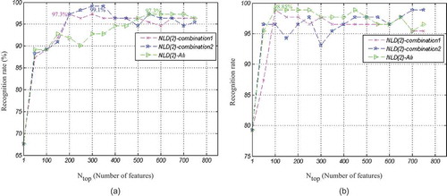 FIGURE 13 Classification accuracy for three NLD(2) feature sets, (a) Females, and (b) Males.