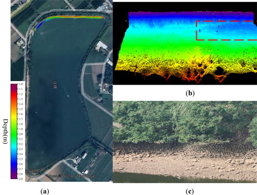 Figure 16. (a) The distribution of bathymetric point cloud data on the Northern embankment of pond 9-6; (b) the collapse location shown by the point cloud data (the red rectangle); (c) the photo of the collapse at low water level taken on 15 Nov 2022.