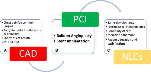 Figure 2 Nursing role in post-PCI management. (A) Coronary artery disease is manifested by pain or discomfort in chest (angina) and/or in the arms and shoulders with shortness of breath. (B) Percutaneous coronary intervention (PCI) is undertaken in the form of balloon angioplasty or stent implantation to relieve symptoms. (C) Post-PCI management has revealed several problems that requires enhanced nursing role.