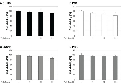Figure 5 Effect of MgNPs-Fe3O4 exposure on cell line viability. Effect of MgNPs-Fe3O4 exposure on the viability of (A) DU145, (B) PC-3, (C) LNCaP, and (D) PrSC cell lines.Notes: Data are presented as the mean ± SD of three independent experiments. *Significantly different from the control at P < 0.05.Abbreviations: MgNPs-Fe3O4, Fe3O4 magnetic nanoparticles; SD, standard deviation.