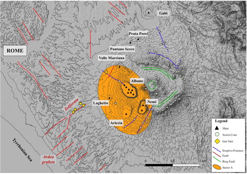 Figure 3. The map showing the dataset derived from Giordano, Mattei, et al. (Citation2010). The orange circle (Sector A) identifies the areas enclosing by the most recent activity of the volcano (via dei Laghi maar field).