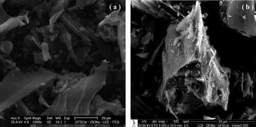 Figure 1. Typical SEM photomicrographs of soot, with magnifications of (a) 1000 and (b) 5000 x.